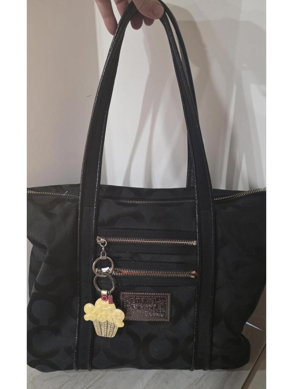Coach Black Poppy Tote Bag with Cupcake Keychain Charm